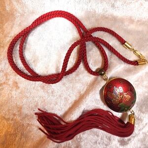 Cloisonne Puffy Red Flower & Butterfly Pendant Necklace - Red Cord